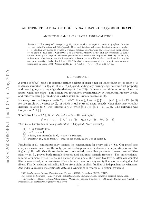First page of An infinite family of doubly saturated $R(3,t)$-good graphs