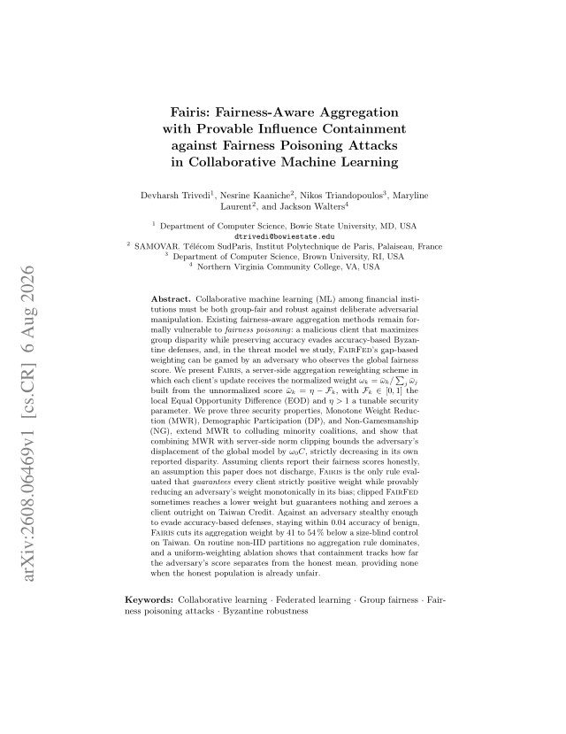 First page of Fairis: Fairness-Aware Aggregation with Provable Influence Containment against Fairness Poisoning Attacks in Collaborative Machine Learning