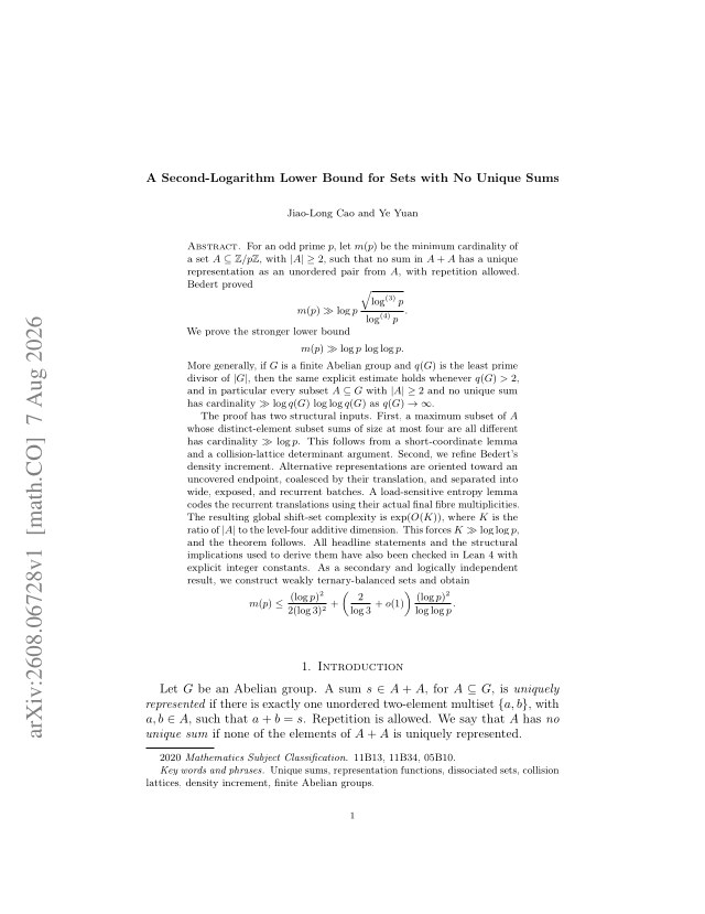 First page of A Second-Logarithm Lower Bound for Sets with No Unique Sums