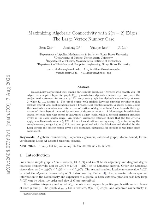 First page of Maximizing Algebraic Connectivity with $2(n-2)$ Edges: The Large Vertex Number Case