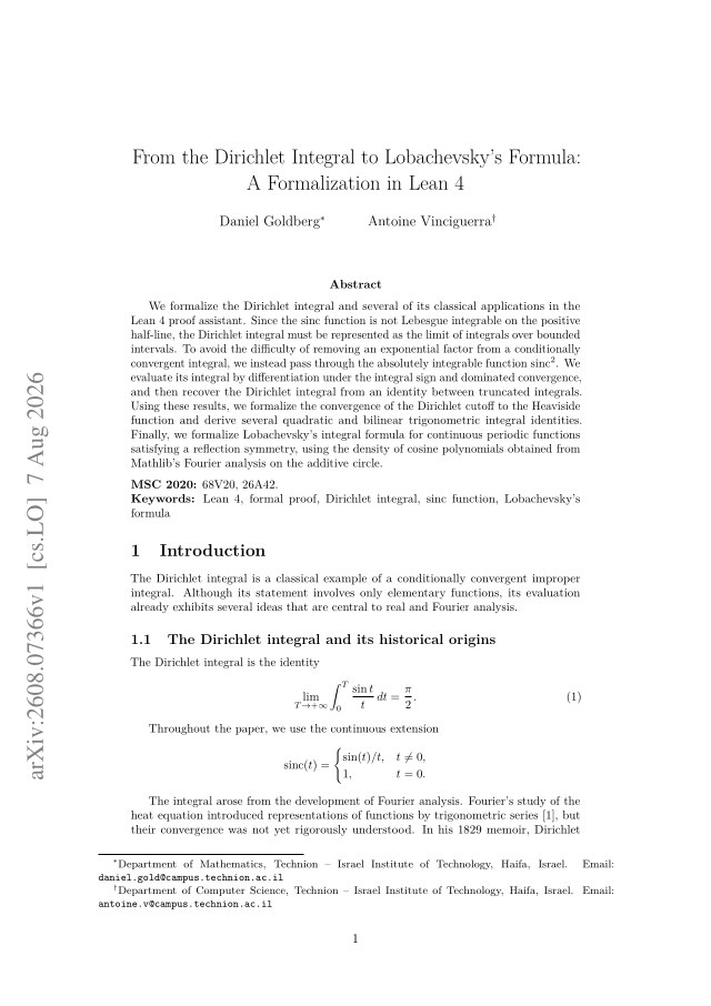 First page of From the Dirichlet Integral to Lobachevsky's Formula: A Formalization in Lean 4