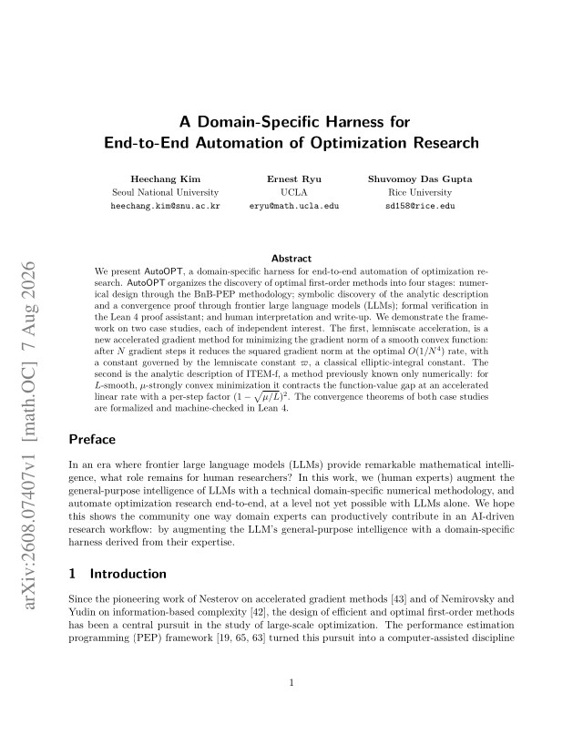 First page of A Domain-Specific Harness for End-to-End Automation of Optimization Research