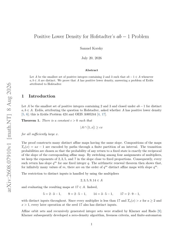 First page of Positive Lower Density for Hofstadter's $ab-1$ Problem