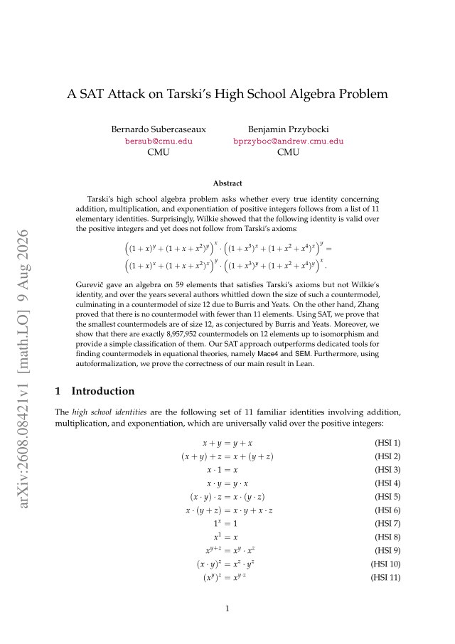 First page of A SAT Attack on Tarski's High School Algebra Problem