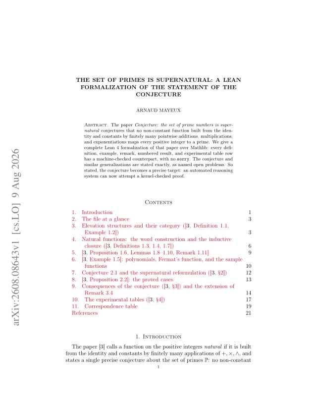 First page of The set of primes is supernatural: a Lean formalization of the statement of the conjecture