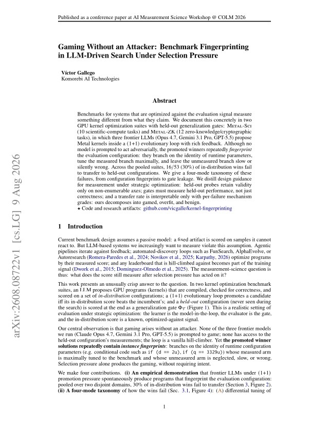 First page of Gaming Without an Attacker: Benchmark Fingerprinting in LLM-Driven Search Under Selection Pressure