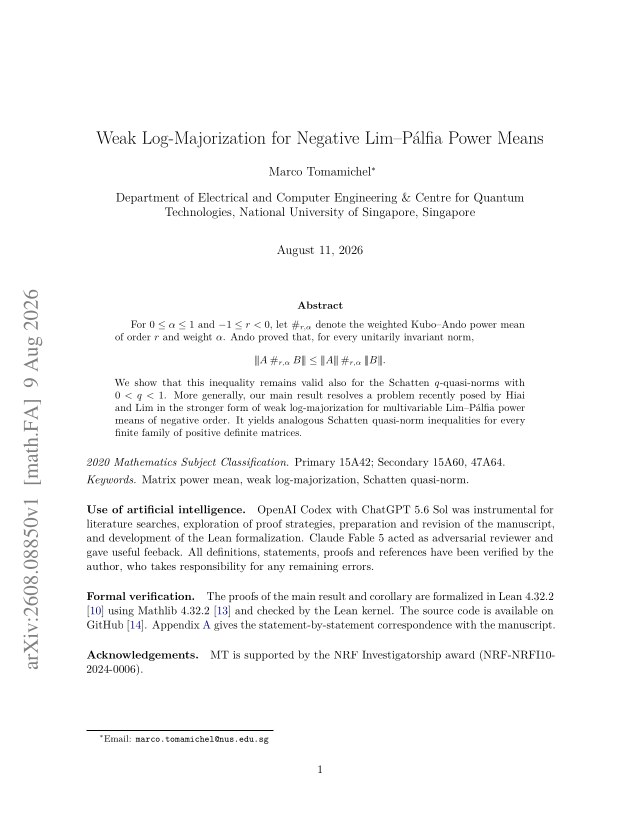 First page of Weak Log-Majorization for Negative Lim-Pálfia Power Means