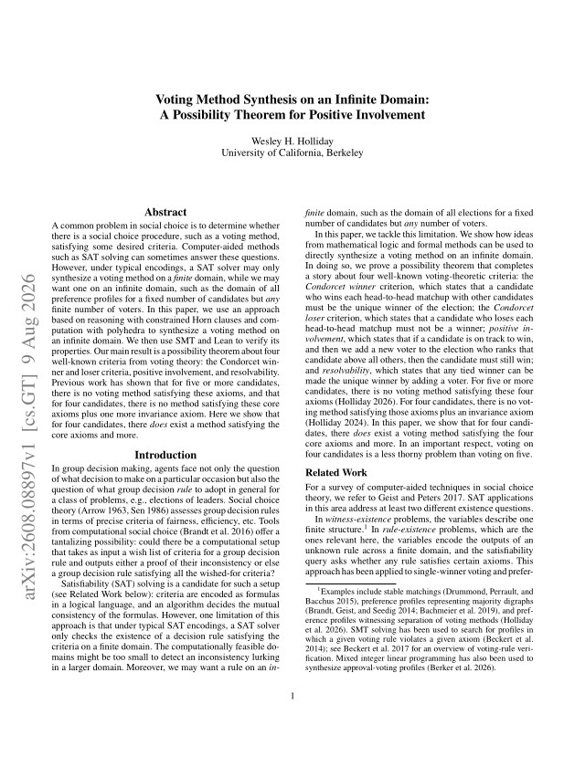 First page of Voting Method Synthesis on an Infinite Domain: A Possibility Theorem for Positive Involvement