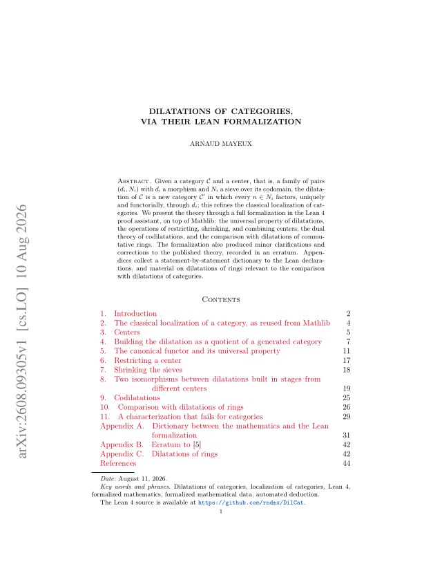 First page of Dilatations of categories, via their lean formalization