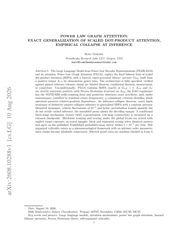 First page of Power law graph attention: exact generalization of scaled dot-product attention, empirical collapse at inference