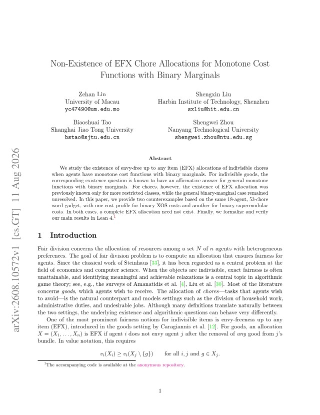 First page of Non-Existence of EFX Chore Allocations for Monotone Cost Functions with Binary Marginals