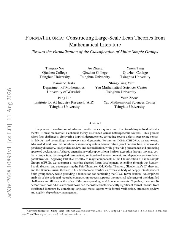First page of FormaTheoria: Constructing Large-Scale Lean Theories from Mathematical Literature $-$ Toward the Formalization of the Classification of Finite Simple Groups