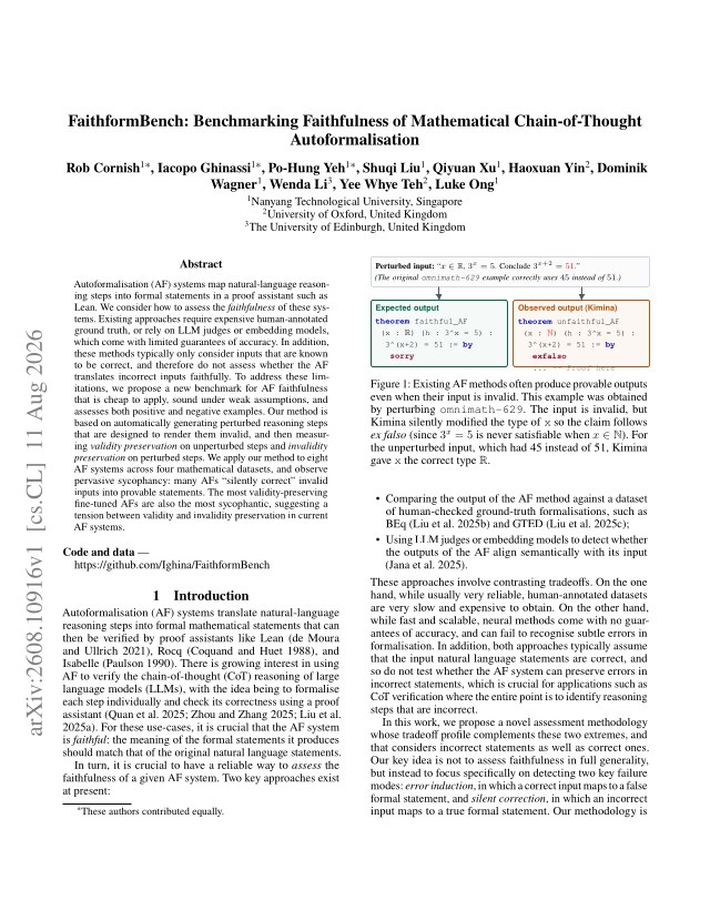 First page of FaithformBench: Benchmarking Faithfulness of Mathematical Chain-of-Thought Autoformalisation