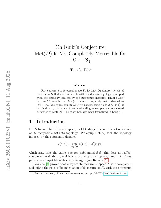 First page of On Ishiki's Conjecture: $\mathrm{Met}(D)$ Is Not Completely Metrizable for $\lvert D\rvert=\aleph_1$