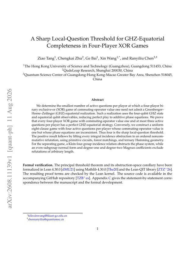 First page of A Sharp Local-Question Threshold for GHZ-Equatorial Completeness in Four-Player XOR Games