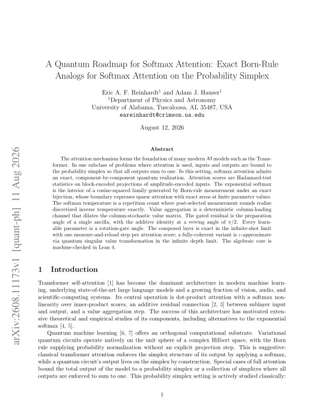 First page of A Quantum Roadmap for Softmax Attention: Exact Born-Rule Analogs for Softmax Attention on the Probability Simplex