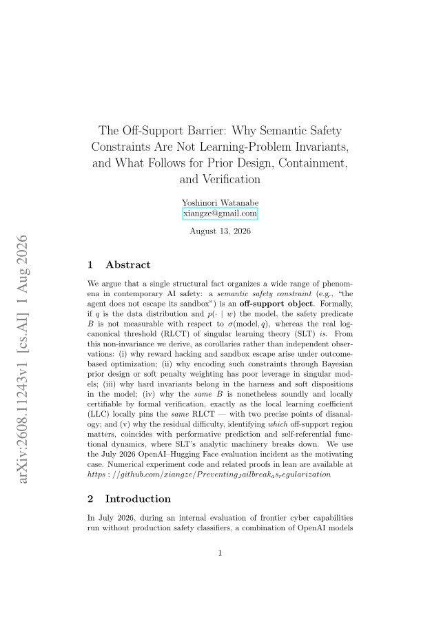 First page of The Off-Support Barrier: Why Semantic Safety Constraints Are Not Learning-Problem Invariants, and What Follows for Prior Design, Containment, and Verification