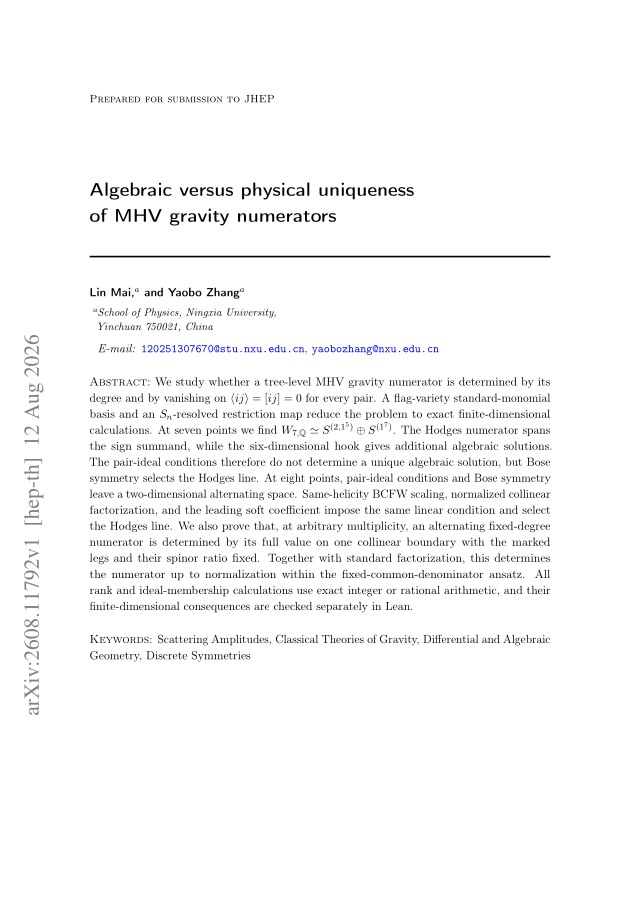 First page of Algebraic versus physical uniqueness of MHV gravity numerators