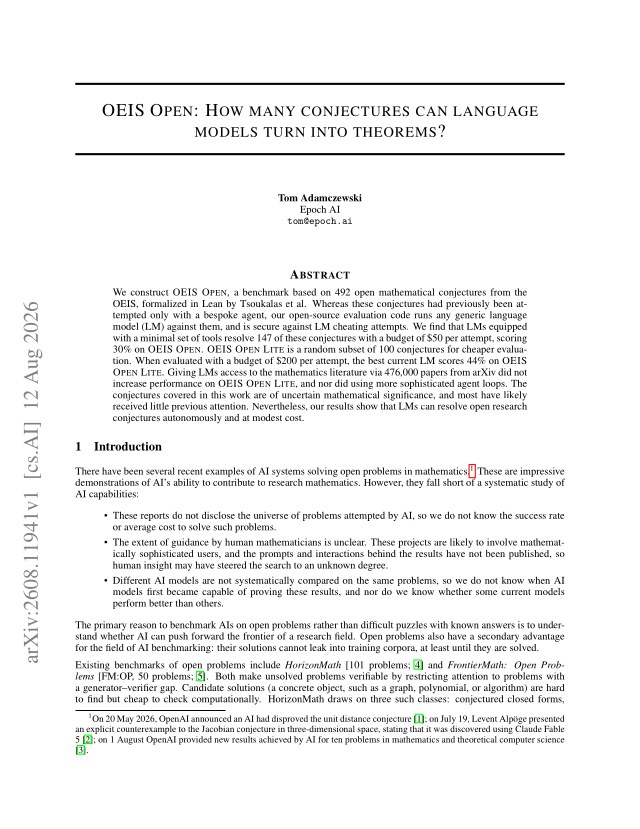 First page of OEIS Open: How many conjectures can language models turn into theorems?