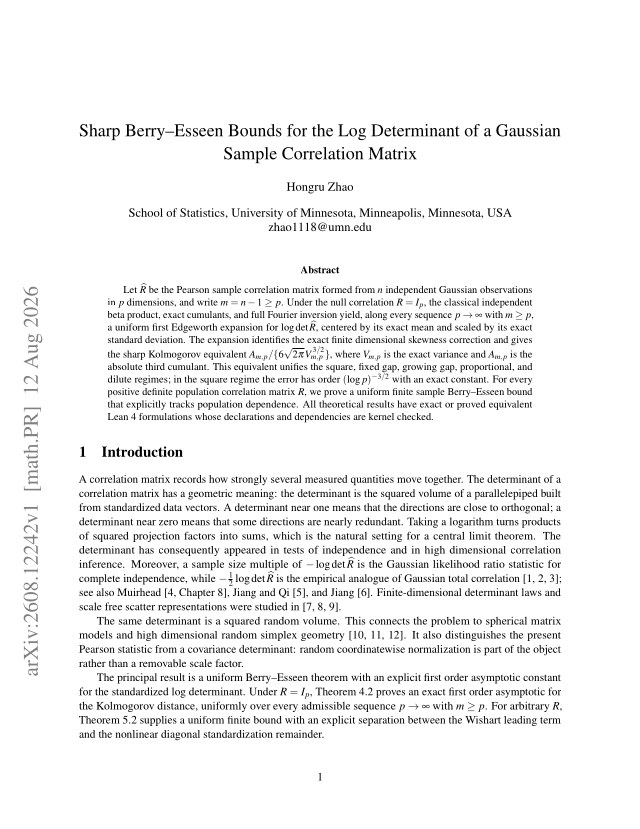 First page of Sharp Berry-Esseen Bounds for the Log Determinant of a Gaussian Sample Correlation Matrix