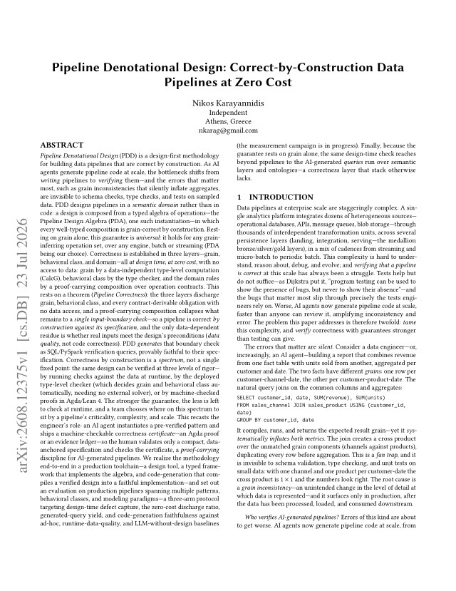 First page of Pipeline Denotational Design: Correct-by-Construction Data Pipelines at Zero Cost