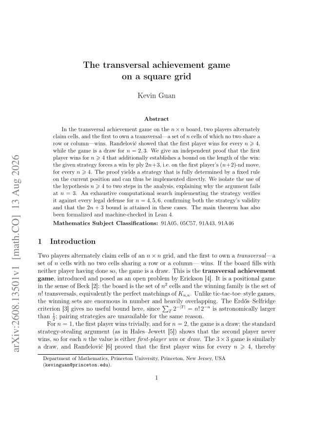 First page of The transversal achievement game on a square grid