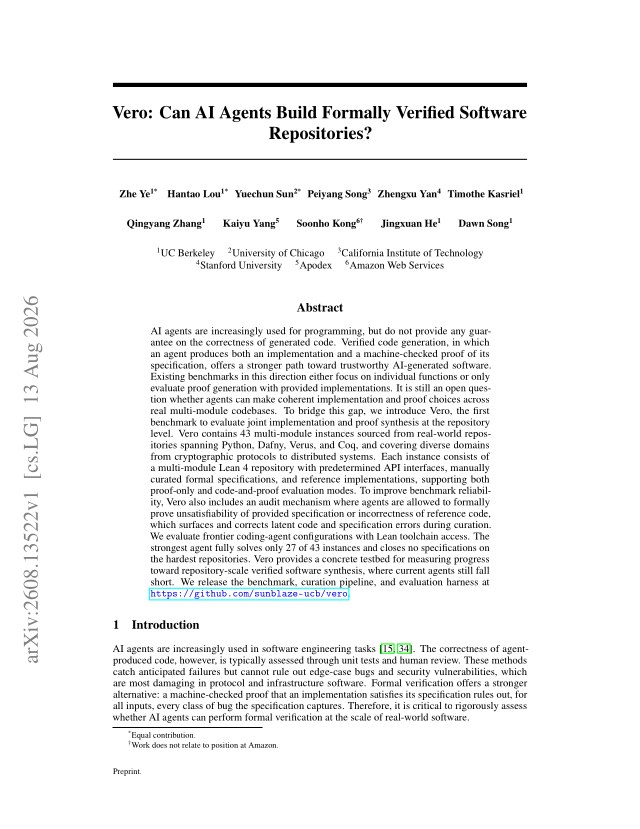 First page of Vero: Can AI Agents Build Formally Verified Software Repositories?