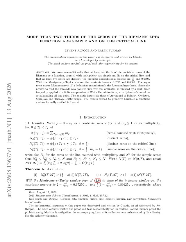 First page of More than two thirds of the zeta zeros are simple and on the critical line