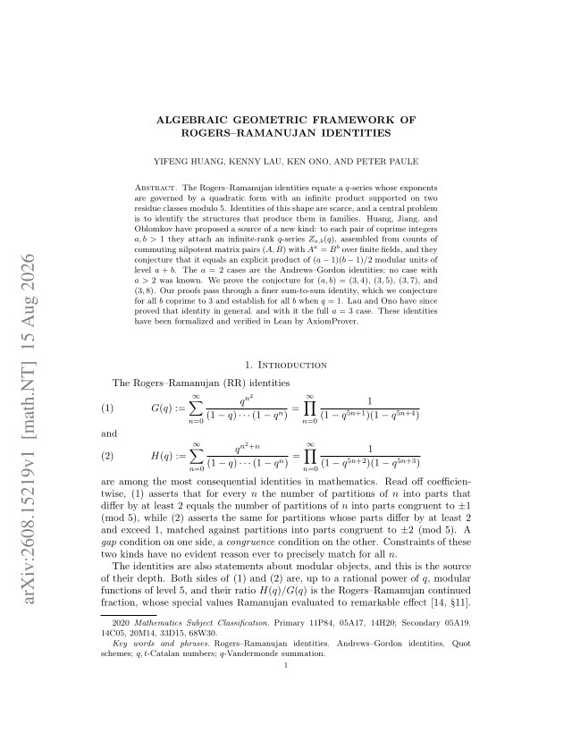 First page of Algebraic geometric framework of Rogers–Ramanujan identities