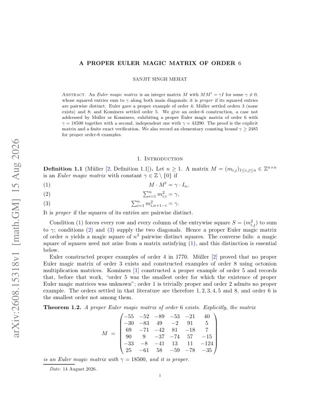 First page of A proper Euler magic matrix of order 6