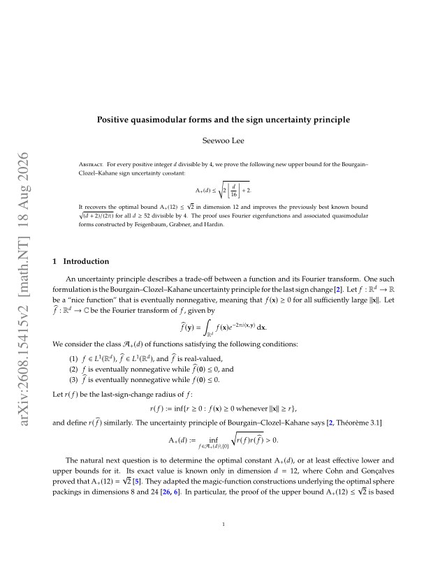 First page of Positive quasimodular forms and the sign uncertainty principle