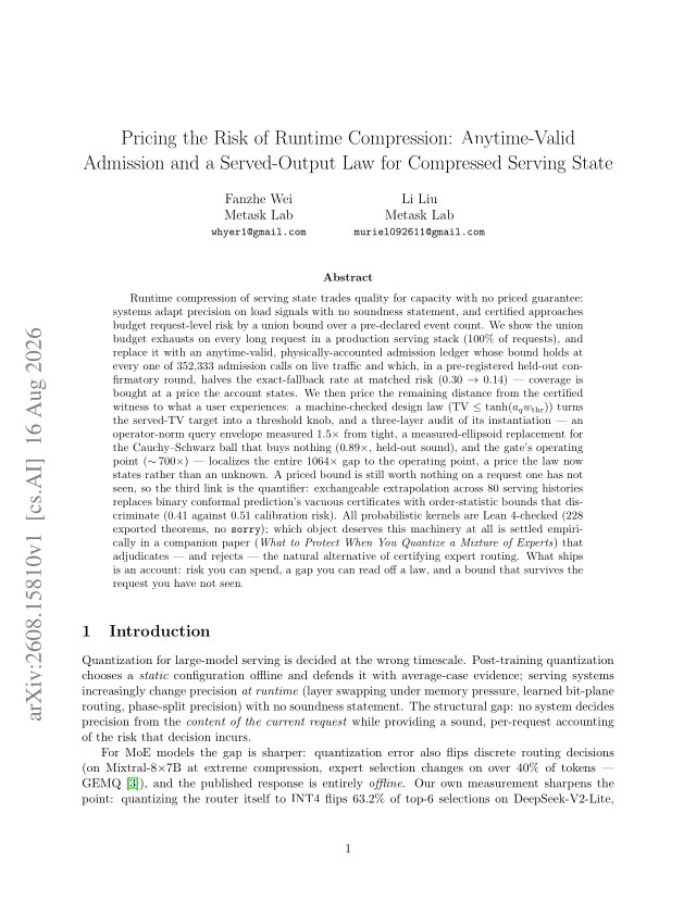 First page of Pricing the Risk of Runtime Compression: Anytime-Valid Admission and a Served-Output Law for Compressed Serving State