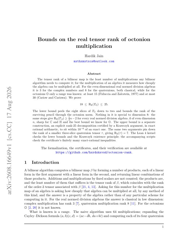 First page of Bounds on the real tensor rank of octonion multiplication