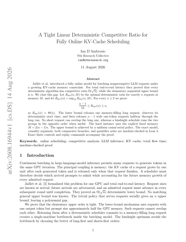 First page of A Tight Linear Deterministic Competitive Ratio for Fully Online KV-Cache Scheduling
