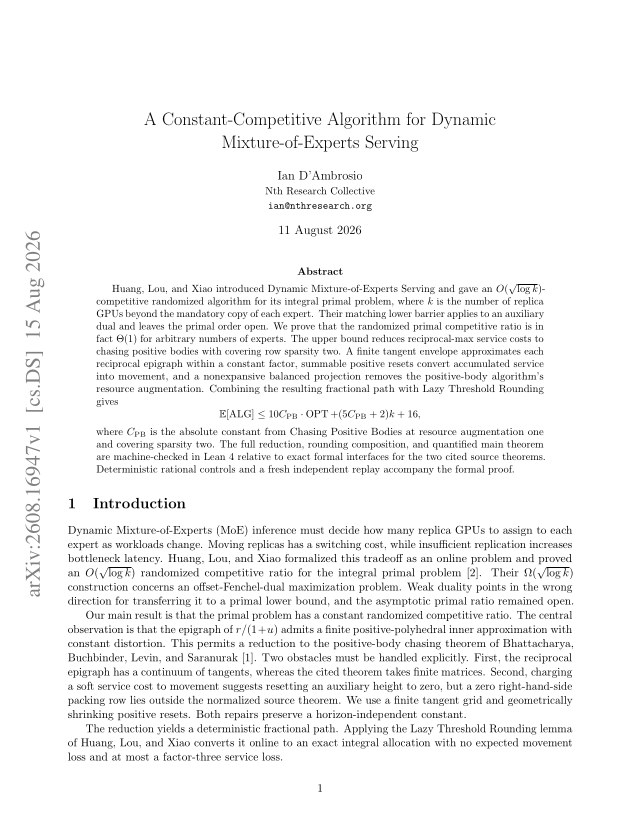First page of A Constant-Competitive Algorithm for Dynamic Mixture-of-Experts Serving
