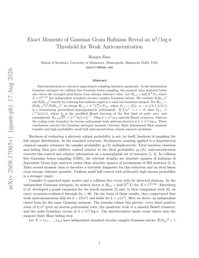 First page of Exact Moments of Gaussian Gram Hafnians Reveal an $n^2/\log n$ Threshold for Weak Anticoncentration