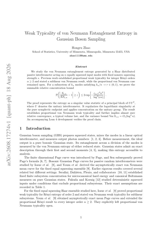 First page of Weak Typicality of von Neumann Entanglement Entropy in Gaussian Boson Sampling