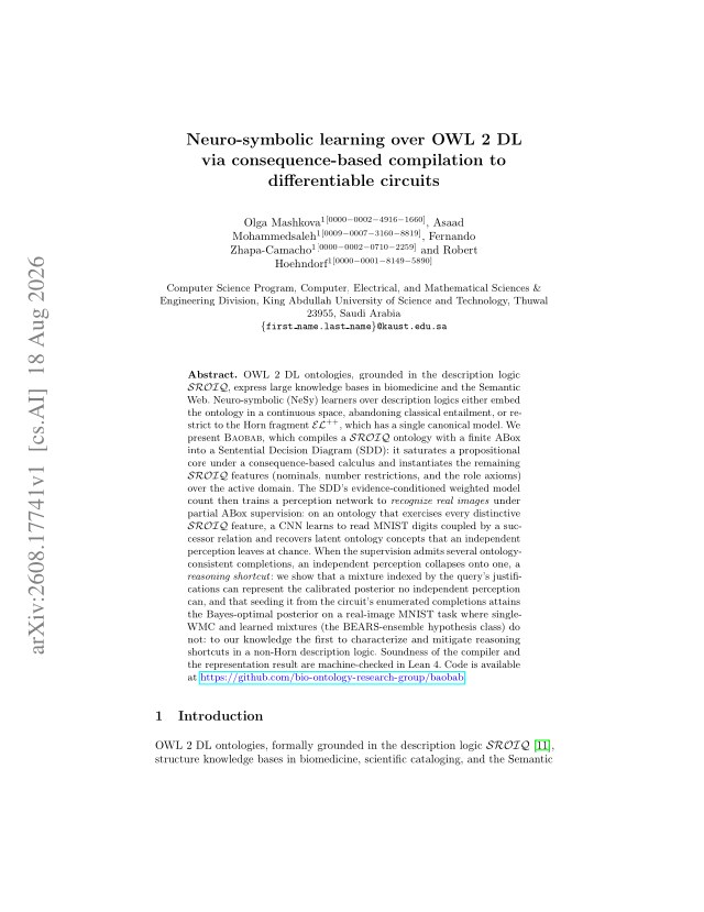 First page of Neuro-symbolic learning over OWL 2 DL via consequence-based compilation to differentiable circuits