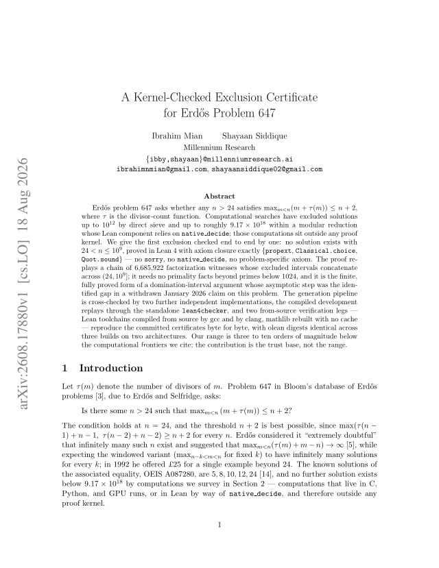 First page of A Kernel-Checked Exclusion Certificate for Erdős Problem 647