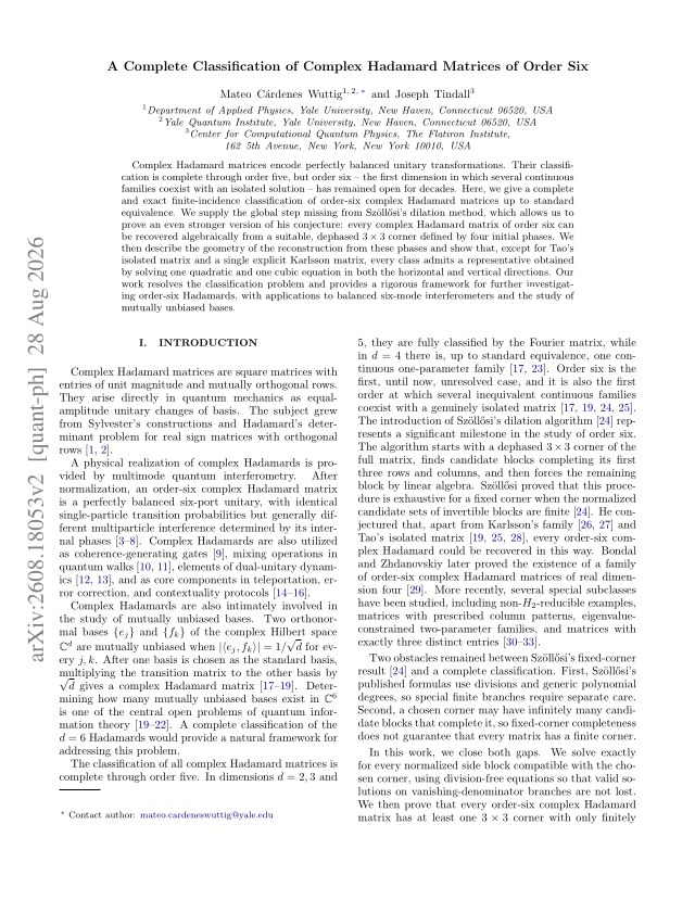 First page of A Complete Classification of Complex Hadamard Matrices of Order Six