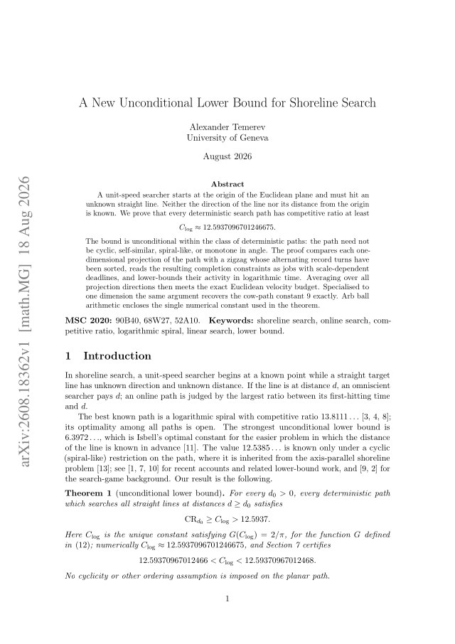 First page of A new unconditional lower bound for shoreline search