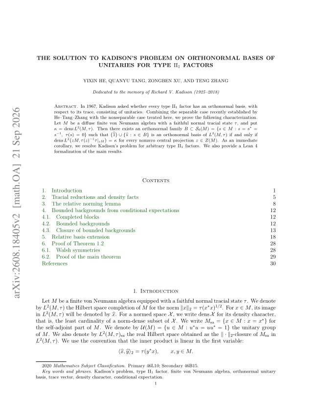 First page of The solution to Kadison's problem on orthonormal bases of unitaries for type $\mathrm{II}_1$ factors