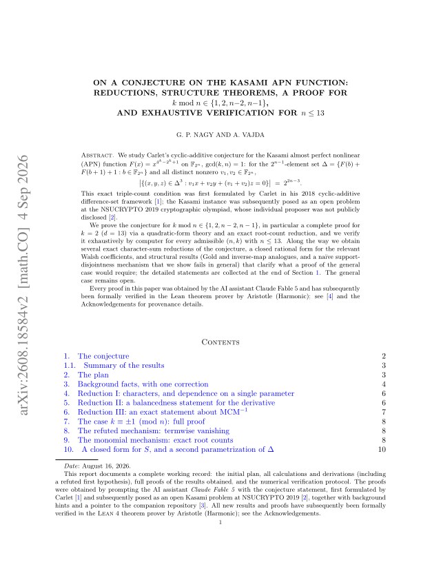 First page of On a conjecture on the Kasami APN function: reductions, structure theorems, a proof for $k\bmod n\in\{1,2,n{-}2,n{-}1\}$, and exhaustive verification for $n\le 13$