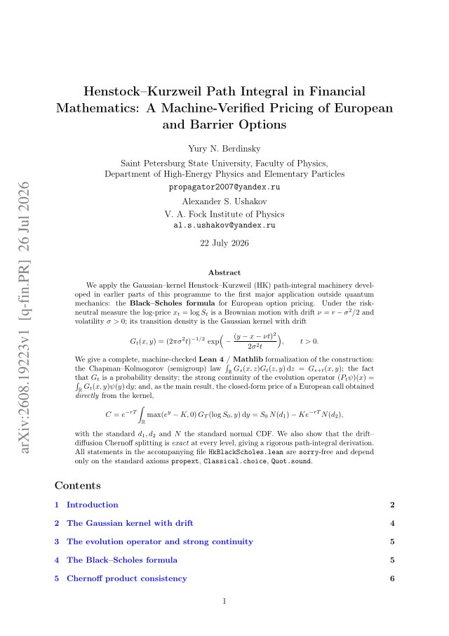 First page of Henstock–Kurzweil Path Integral in Financial Mathematics: A Machine-Verified Pricing of European and Barrier Options