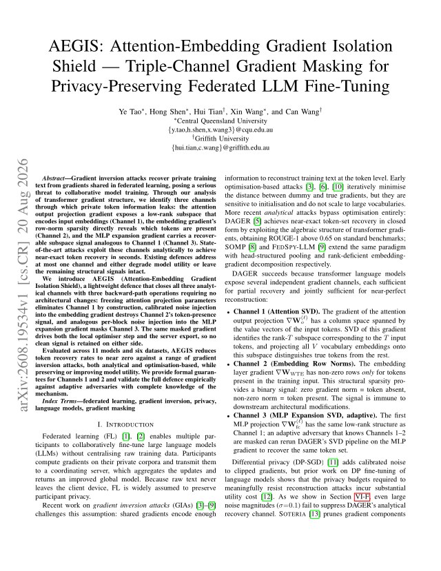 First page of AEGIS: Attention-Embedding Gradient Isolation Shield - Triple-Channel Gradient Masking for Privacy-Preserving Federated LLM Fine-Tuning