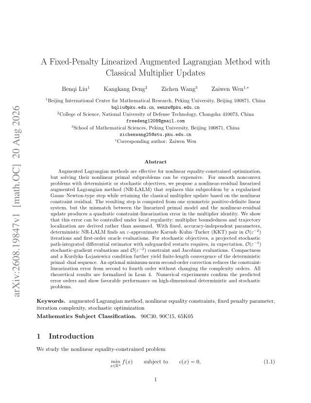 First page of A Fixed-Penalty Linearized Augmented Lagrangian Method with Classical Multiplier Updates