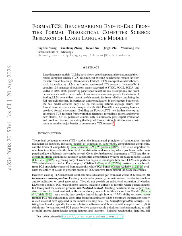 First page of FormalTCS: Benchmarking End-to-End Frontier Formal Theoretical Computer Science Research of Large Language Models