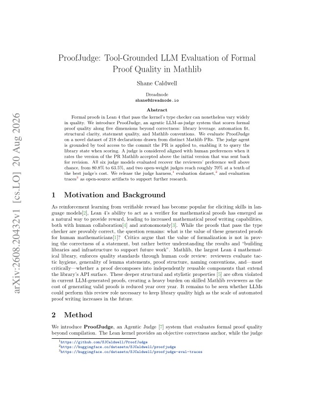 First page of ProofJudge: Tool-Grounded LLM Evaluation of Formal Proof Quality in Mathlib