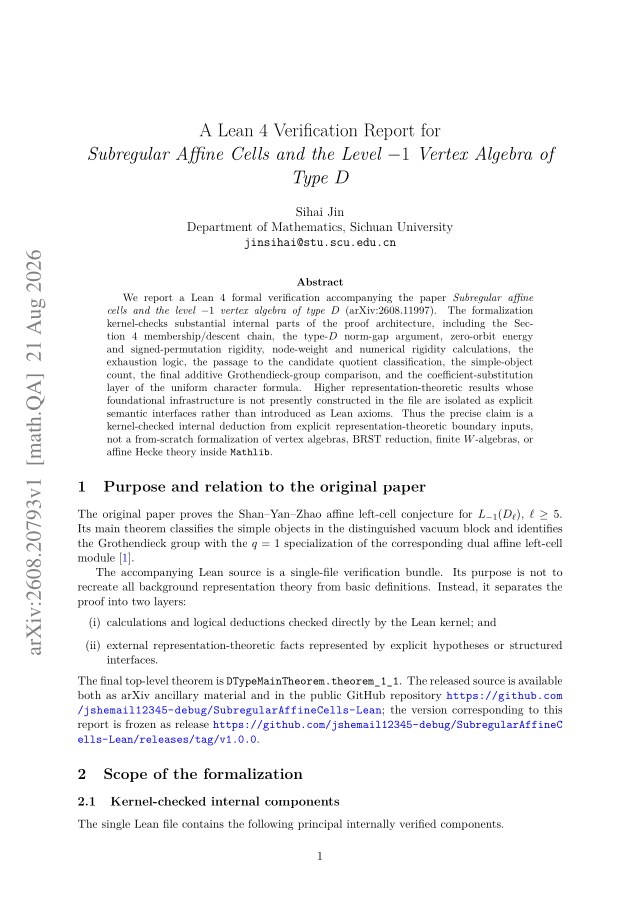 First page of A Lean 4 Verification Report for Subregular Affine Cells and the Level $-1$ Vertex Algebra of Type $D$