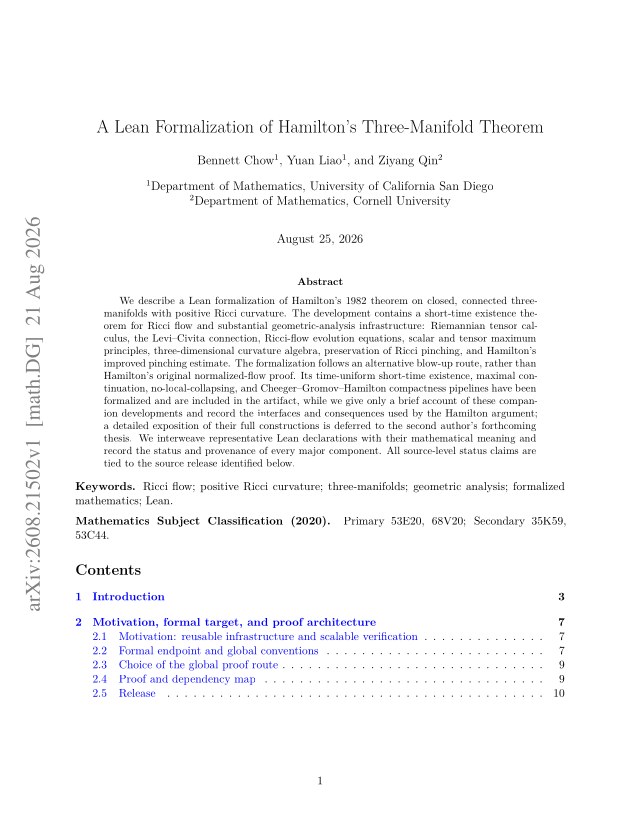 First page of A Lean Formalization of Hamilton's Three-Manifold Theorem